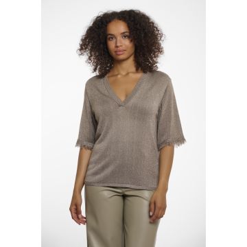 Rino Pelle V-neck short sleeves top with fringes Kaki foto 1