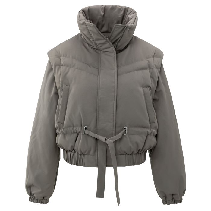yabbita Stijlvolle Taupe Jas met Afritsbare Mouwen - Flexibele Fashion
